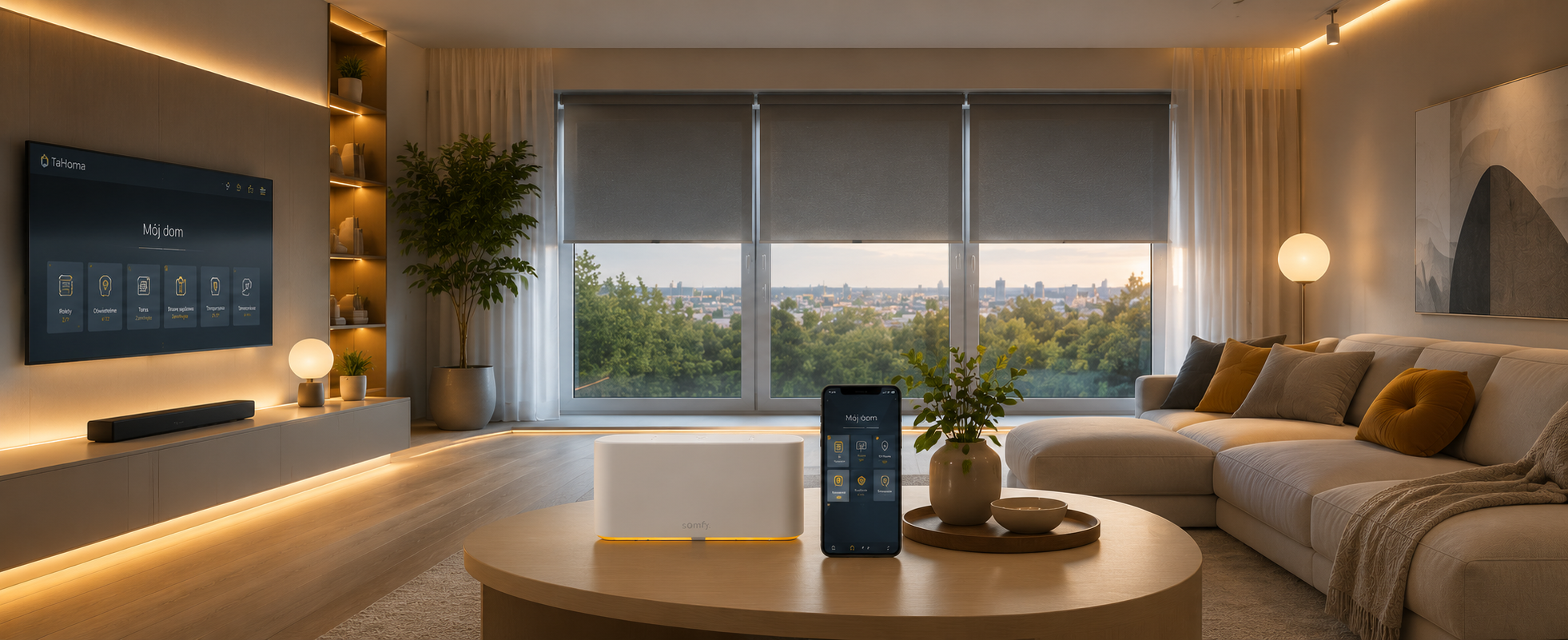 Nowoczesny salon - rolety Somfy, TaHoma®, smart home